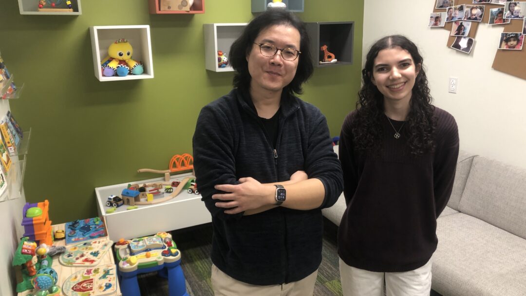 Dr. Gabriel Xiao and Emma Resendes in the Baby Lab